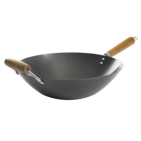 Kenmore Hammond 14 Inch Flat Bottom Carbon Steel Wok in Black with Wooden Handles