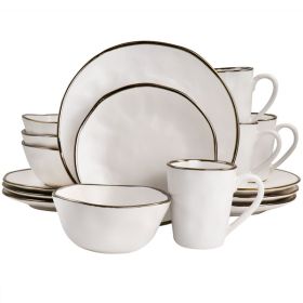 Elama Modern 16 Piece Stoneware Dinnerware Set in Matte White with Gold Rim